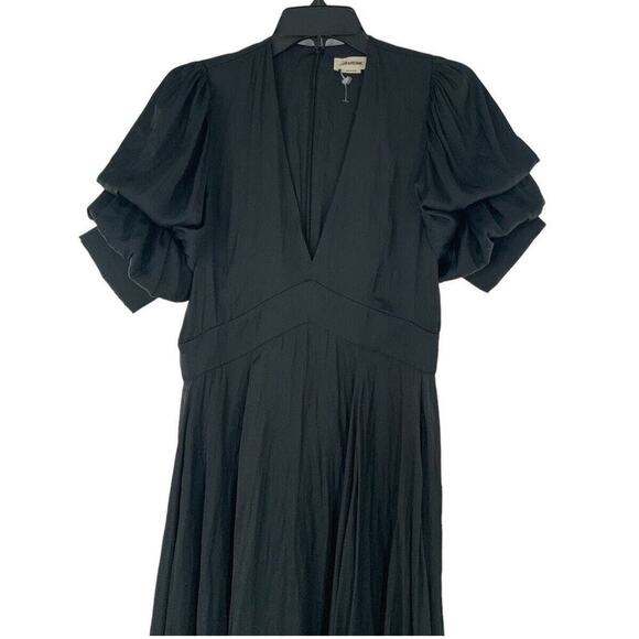 ZADIG & VOLTAIRE Satin Dress Size Small Black V-Neck Puff Sleeves Empire Waist - Picture 6 of 11